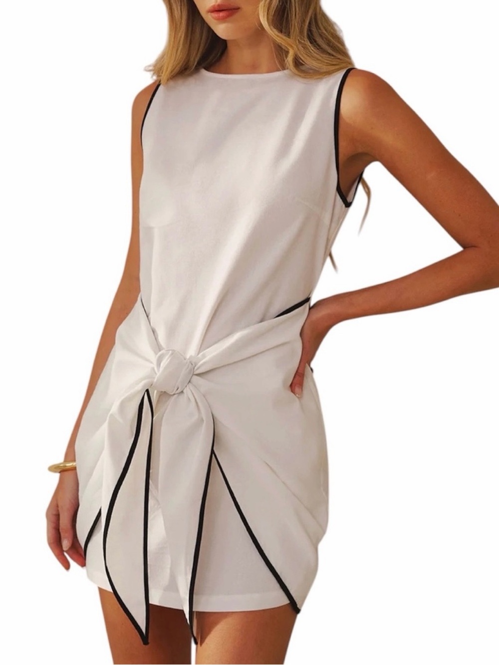 Commense Sleeveless Cotton Linen Knot Waist Mini Dress Small NWT White